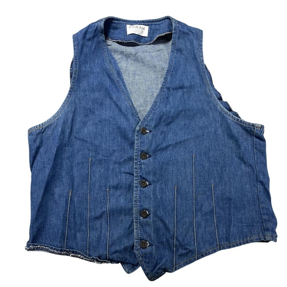 Farah Jackets & Blazers - VTG 70s Farah Vest Women Large Blue Denim Button Front Made USA Collarless Biker